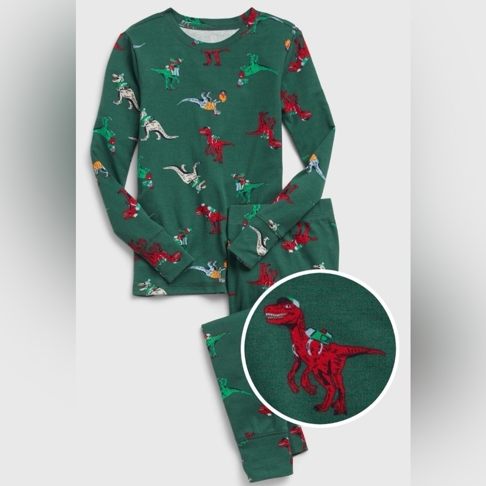 GAP Kids Organic Cotton Dinosaur Pajama Set Green Dino Print Sleepwear Size 14